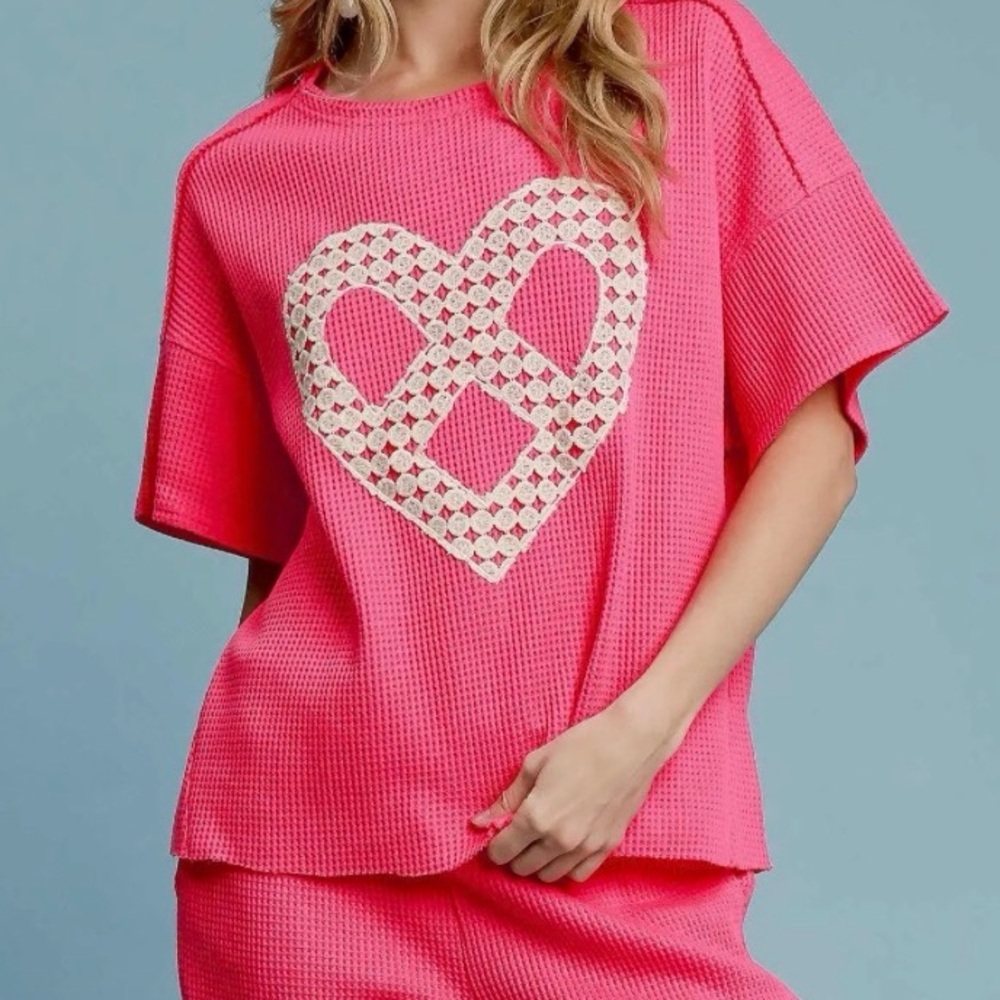🥰Umgee Pink Heart Waffle Knit Top